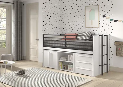 Produktbild von VIPACK - SAM halbhohes Bett mit ausziehbarem Schreibtisch, Regal, Kommode 2-trg., Kommode mit 3 Schubladen, Liegeflächen 90 x 200 cm, Ausf. Weiß Melamin Nachbildung