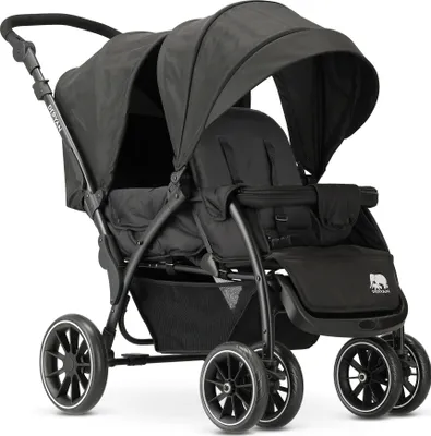 A black double stroller is shown against a white background.