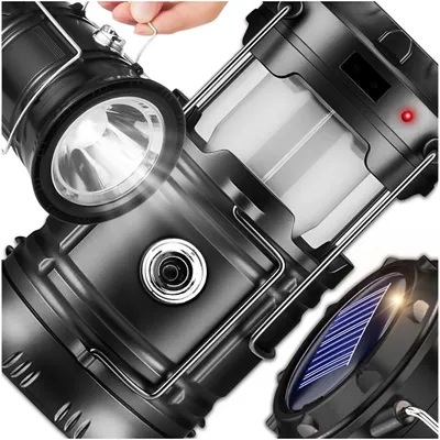 Obrázek produktu pro LED kempingová lampa se solárním panelem, powerbankou, USB, svítilnou a hákem