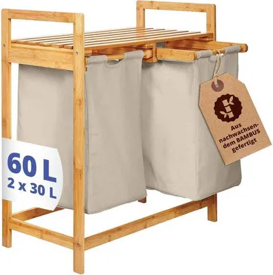 Image de Lumaland Panier à linge en bambou 2 sacs à linge extensibles Collecteur de linge Rangement pratique Sacs en tissu Bois de bambou 73 cm de hauteur x 64 cm de largeur x 33 cm de profondeur