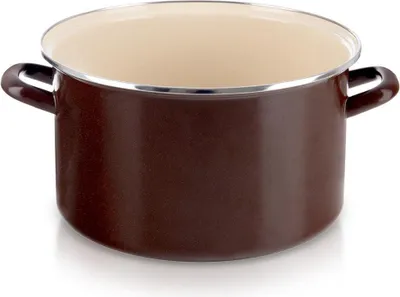 A brown enamel pot with two handles on a white background.