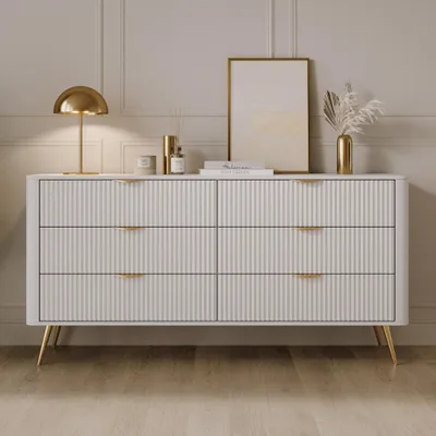Productafbeelding van Kommode/dressoir FLORE, 163 cm, wit, goud, geribbeld, met 6 lades