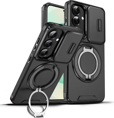 Immagine prodotto di Custodia a doppio strato per Samsung Galaxy S26, con copertura scorrevole per la fotocamera e supporto magnetico ad anello Nero