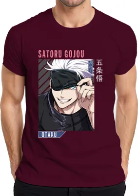 Zdjęcie produktu dla Koszulka męska z motywem Satoru Gojou z anime „Jujutsu Kaisen” dla fanów anime, z opaską na oczy i białymi włosami, kolor bordowy, rozmiar L