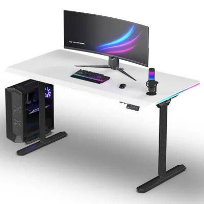 Produktbild von Ultradesk QUEST - Schwarz/Weiß - Gaming Tisch mit elektrischer Höhenverstellung und LED RGB Prismatic Beleuchtung, 140x70cm Platte, Kabelverwaltung