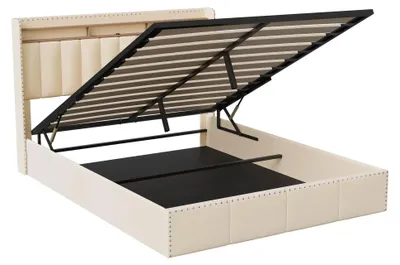 Image de Lit coffre - Sommier coffre - Lit tapissé - Lit avec tiroir - Tête de lit - Éclairage LED - Ports USB