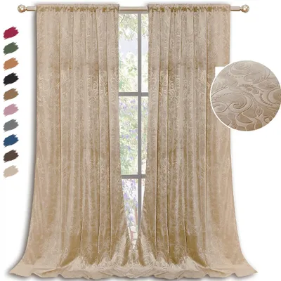 Two beige curtains with a paisley pattern are shown hanging on a window rod, with a close-up inset of the fabric pattern.