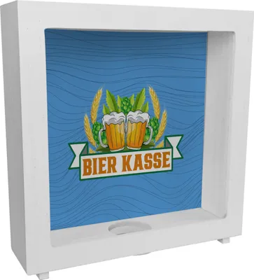 Produktbild von Bier Kasse Rahmen Spardose aus Holz mit Hopfen und Ähren