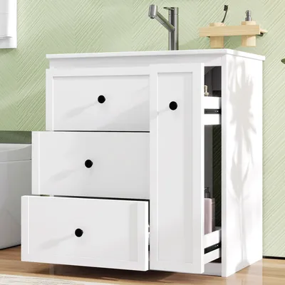 Produktbild von Flieks Waschtisch mit seitliche Auszugsschublade, großer Stauraum, integriertes Keramikwaschbecken, Badezimmerschrank, Wäscheschrank 76x46x82cm, Weiß