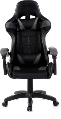 A black and gray gaming chair is shown from the front on a white background.