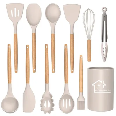 Siliconen Küchenhelfer Set, 12-teilig, antihaftbeschichtet, Khaki