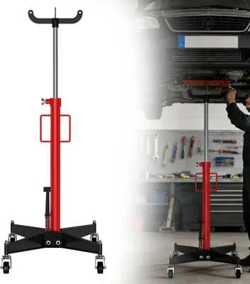 Image de Cric de boîte de vitesses LZQ Cric moteur mobile 500 kg avec 4 roulettes, hauteur de travail 111-190 cm, cric moteur hydraulique Bloc moteur avec pédale, cric de boîte de vitesses automobile, rouge