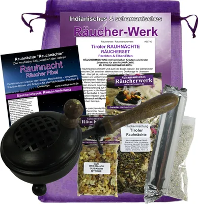 A collection of incense and ritual items, including a burner, incense packets, and informational booklets, arranged in a purple drawstring bag.