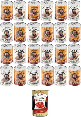 Produktbild von Fagioli alla Bud Spencer Testpaket Tex Mex und Borlotti, Bud Power- Bud-Spencer-Tex Mex Bohnen fertig zum Probieren 24x 400gr + Italian Gourmet polpa 400g
