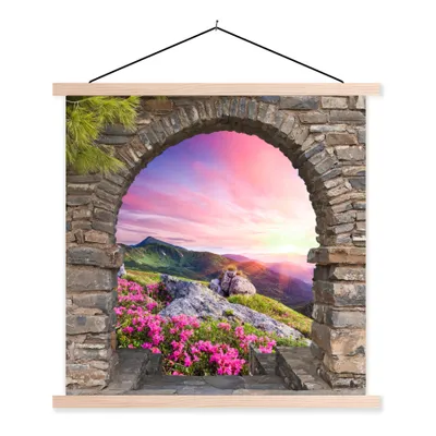 Produktbild von MuchoWow® Textilposter Landschaft - Aussicht - Blumen - Berg 40x40 cm mit holzfarbenen Rahmen - Posterleiste