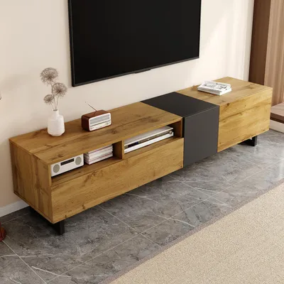 Produktbild von MODFU TV-Schrank im Colorblock-Design,Lowboard mit 3 Türen & 2 Fächern,Fernsehschrank mit Retro-Holzmaserung und U-förmigen Metallbeinen,Dunkelgrau+Natur