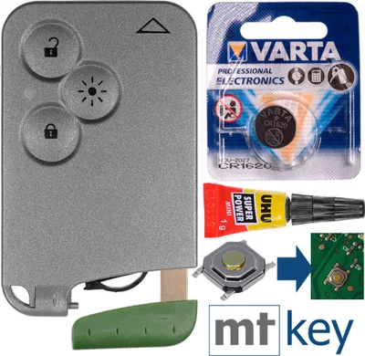 Produktbild von Reparatur Satz Autoschlüssel Karte Smartkey Austausch Gehäuse mit 3 Tasten + Notschlüssel Rohling + 1x Drucktaste + Batterie kompatibel mit Renault Laguna 2 Espace 4 Vel Satis