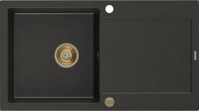 Produktbild von Mexen Leo Granitspüle mit einem Becken und einer Abtropffläche 900 x 500 mm, Schwarz/Gold metallisch, Siphon Gold - 6501901010-7