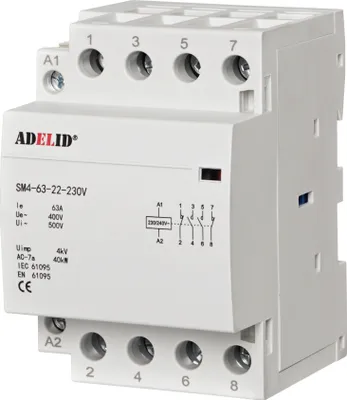 A white electrical relay or contactor with labeling and wiring diagrams.