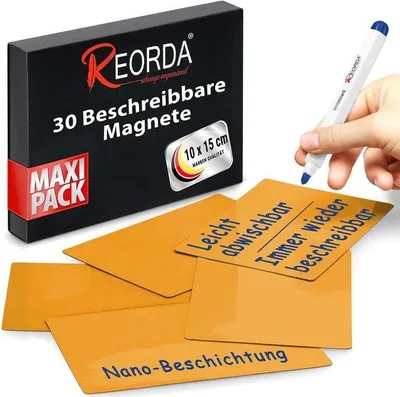Produktbild von Reorda Beschrijfbare Magneten für Whiteboard, Kanban, Magnetbrett oder Kühlschrank - 30 Beschreibbare Magnete - 10 x 15 cm (Orange)