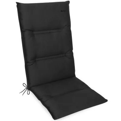 A black high-back chair cushion is shown against a white background.