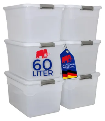 Produktbild von SuperSparSet 6x Aufbewahrungsbox mit Deckel & Rollen | Extra Groß, 60 Liter | HxBxT 34x58x43cm | Kunststoff, Transparent | Stapelbar | Plastikbox Kunststoffbox Stapelbox Aufbewahrungsbehälter