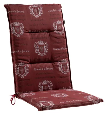 A burgundy high-back chair cushion with a repeating pattern of crests and text.