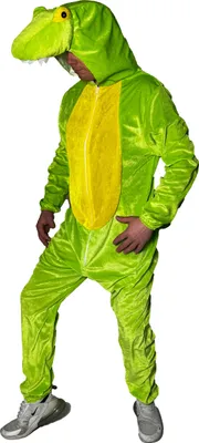 A person wearing a green crocodile costume.