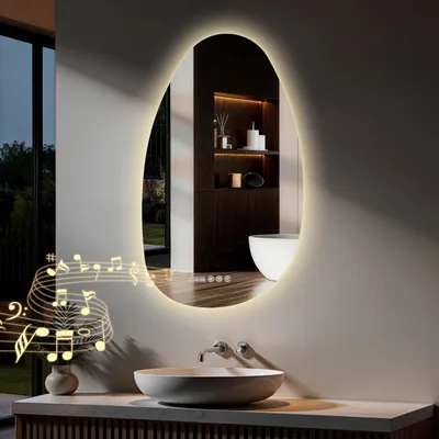 Produktbild von S'AFIELINA 85 x 50 cm Badspiegel mit Beleuchtung Asymmetrisch mit 3 Lichtfarben dimmbar, beschlagfrei, Bluetooth, Uhr, Temperatur, Speicherfunktion