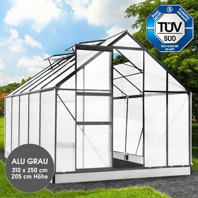 Produktbild von BRAST Gewächshaus Aluminium mit Fundament | 310x250x205cm | 6mm Hohlkammerplatten | rostfrei wetterfest temperaturbeständig | Grau