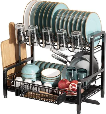 Produktbild von Unyqoos® Geschirrabtropfgestell – 2‑stöckiges Edelstahl-Abtropfgestell mit 360° drehbarem Ablauf, Platz für 15 Teller & 5 Tassen, 45,2×32×36,3 cm