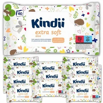 A product shot of multiple packs of Kindii Extra Soft Aloe wet wipes, arranged in a grid.