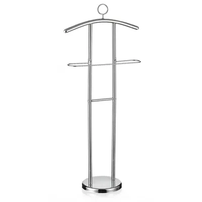 A chrome valet stand with a curved hanger and a lower shelf.