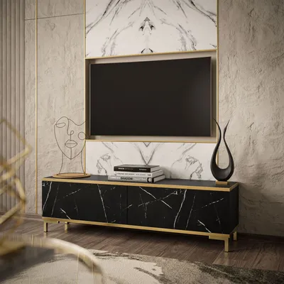 Produktbild von RTV Schrank OXFORD 135 cm Schwarz / Marmuor Black Royal + gold, Beine: Gold