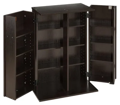 Obrázok produktu pre Skriňa na ukladanie médií, štvorposchodový organizér na DVD, rozmer 610 x 368 x 846 mm. Organizér na ukladanie CD, DVD, kníh, hier. Polička na CD pre obývačku, domáce pracovisko alebo nahrávacie štúdio. Farba: hnedá