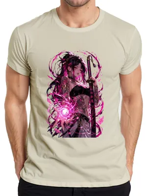Produktbild von Anime Mädchen Katana Pinke Magie Tattoo Drache Japan Y2K Otaku Herren T-Shirt, Natur, S