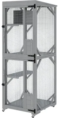 Image de Cage d'extérieur pour chats - Enclos pour chats avec 4 roulettes - Cage de jeu à plusieurs niveaux - Structure en métal et bois robustes - Adaptée à plusieurs chats et chatons - Couleur : gris
