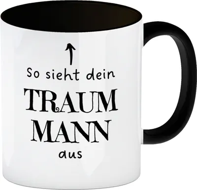 Produktbild von Traummann Kaffeebecher in schwarz mit Spruch: So sieht dein Traummann aus