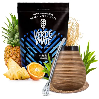 Produktbild von Verde Mate - Mate Tee Mas IQ 500g - Yerba Mate Dicke Blätter 5mm - Keramik Becher 350ml, Bombilla - Luftgetrocknet Rauchfrei - Brasilien