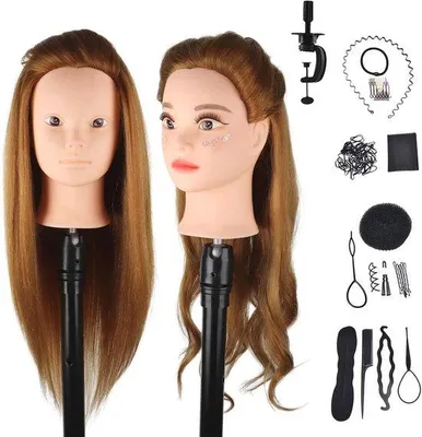 Productafbeelding van Haarstyling Trainingshoofd met 60% Echt Haar - 60cm Donkerbruin Cosmetologie Mannequin met Klem en Stylingtools