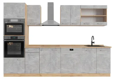 Zdjęcie produktu dla Aneks kuchenny Vicco R-Line Beton/złoty dąb 300 cm z wysoką szafką, BP Dąb, Model 53935