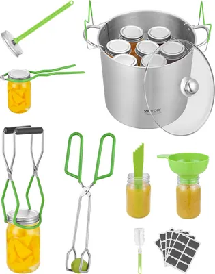 Produktbild von VEVOR Einmachzubehör Starter-Kit 9-teiliges Einmachwerkzeug-Set (Topf, Edelstahlregal, Glasdeckel, PP-Trichter, Zange, Glasheber, Schraubenschlüssel, magnetischer Deckelheber, Seifenblasenaufsatz)