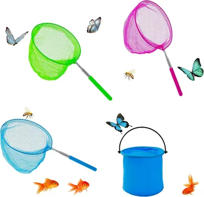 Productafbeelding van Kindernetset, 4-delig, telescopisch, met 3 vlindernetten en een inklapbare emmer, voor natuurexcursies