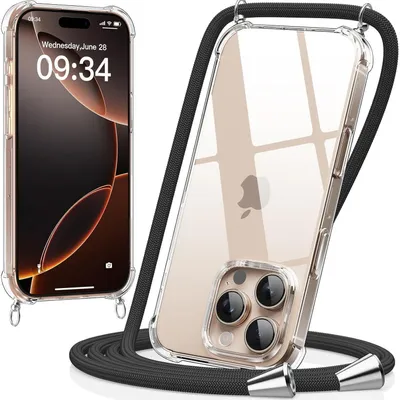 Obrázek produktu pro Pouzdro na telefon s popruhem, kompatibilní s iPhone 16 Pro Max, průhledné TPU, černé