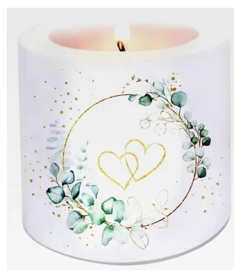 Produktbild von Hochzeitskerze mit Eukalyptus und Herzen als Tischdekoration. Kerze als Geschenk für das Brautpaar oder als originelle Dekoration Ø8 x Höhe 7,5cm