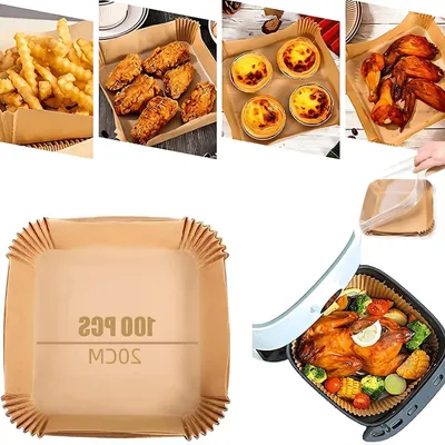 Productafbeelding van 100 stukjes bakpapier voor airfryer - Antiaanbak, geschikt voor 3-5L modellen, rond 16 cm