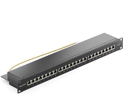 A black network patch panel with 24 RJ45 ports, mounted on a rack, with a yellow cable extending from the top.