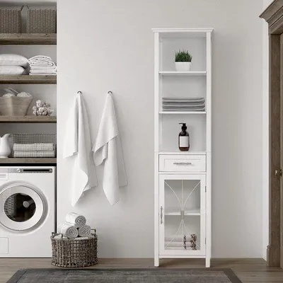 Image de Famanu : Armoire de salle de bain haute - Meuble en bois avec un tiroir et 3 étagères - Blanc
