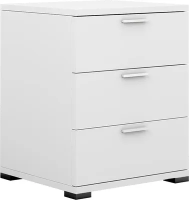 A white three-drawer cabinet on a white background.