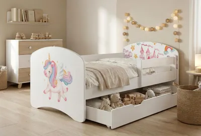 Produktbild von Happy Babies Kinderbett mit Rausfallschutz Junge 140x70 Bett für Kinderzimmer mit Schublade Matratze Einzelbett für Kinder, Weiss, Bunte Aufkleber